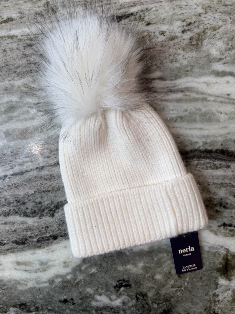 NWT Norla White Wool Blend Knit Beanie with Faux-Fur Pom